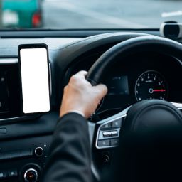 Blank empty screen smartphone on holder in car use for Navigation or GPS. Car interior view