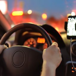 Male driver ride a car during evening traffic jam. Drive in the night city. Inside view.